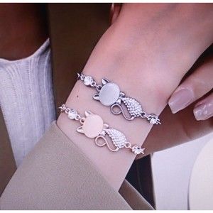Kitty Cat Rhinestones Bracelet Jewelry SilverTone White 7in. Gift NIP